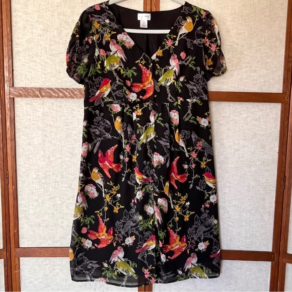 Motherhood Maternity Dresses & Skirts - Black Floral & Bird Print Short Sleeve Maternity Dress Size M